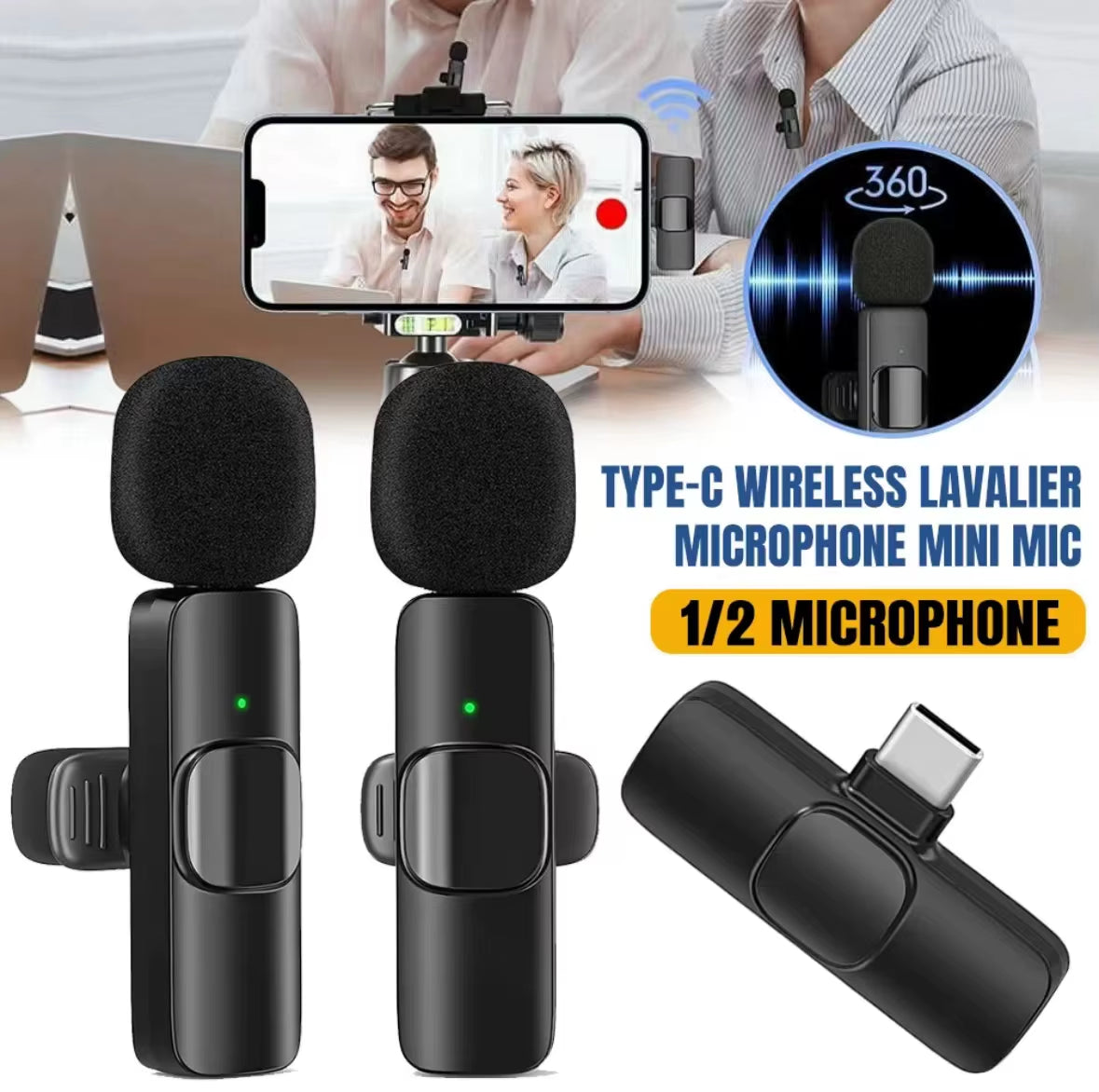 1 Drag 2 2.4G Wireless Stereo Lavalier Microphone Live Interview Outdoor Mini Noise Cancelling Lapel Mic